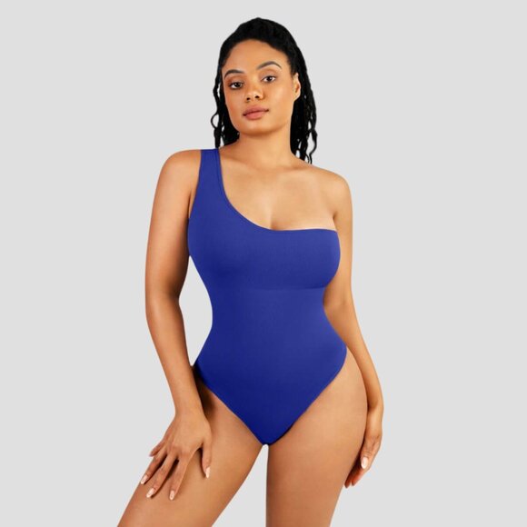 Off the Shoulder Tummy-Control Bodysuit, Blue - Picture 1 of 7